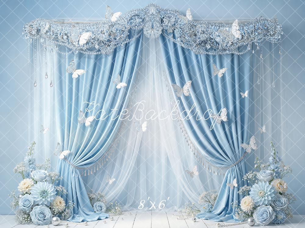 Kate Blue Curtain Floral Butterfly Elegant Backdrop Designed by Emetselch