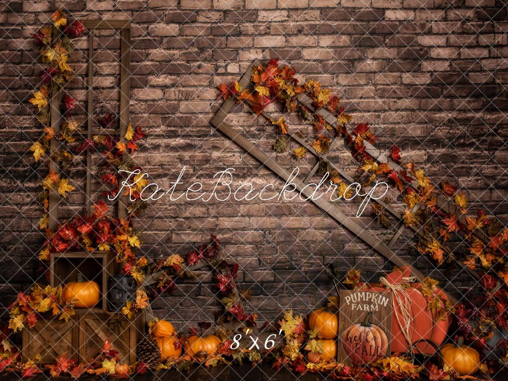 Kate Fall Pumpkins Autumn Leaves Brick Wall Backdrop Designed by Rose Abbas