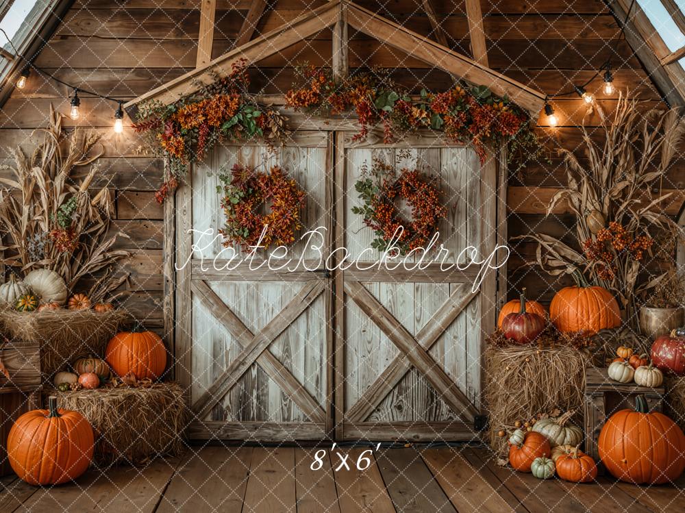 Kate Autumn Barn Door Pumpkins Hay Fleece Backdrop Designed by Chain