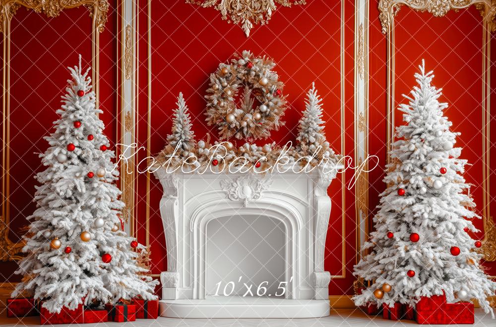 Kate Christmas White Trees Fireplace Backdrop Designed by Patty Roberts - Kate Backdrop AU