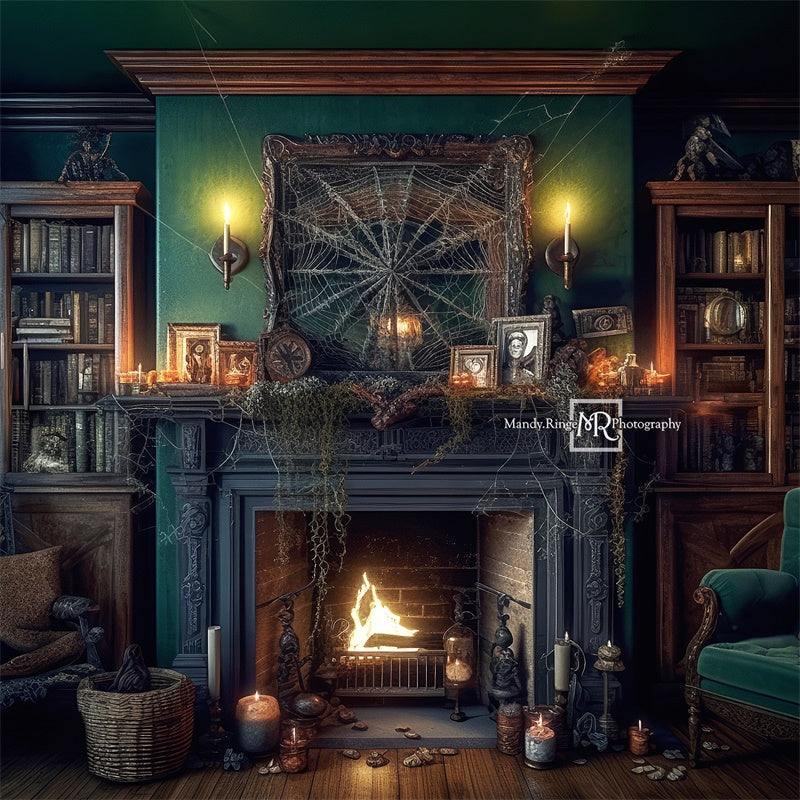 Kate Halloween Fireplace Cobweb Candles Vintage Backdrop Designed by Mandy Ringe - Kate Backdrop AU
