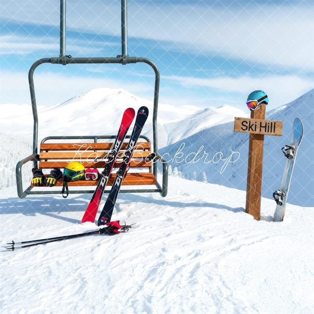 Kate Ski Hill Chairlift Skis Snowy Mountains Backdrop Designed by Laura Bybee - Kate Backdrop AU