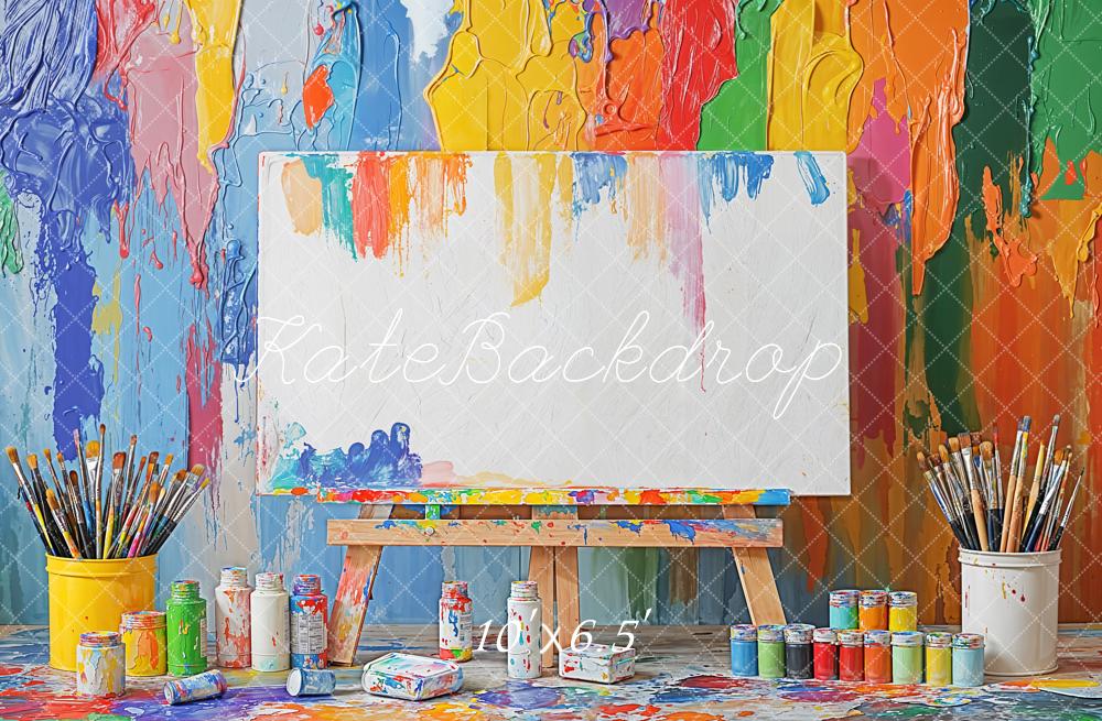 Kate Art Studio Paint Brushes Colourful Wall Fleece Backdrop Designed by Emetselch - Kate Backdrop AU