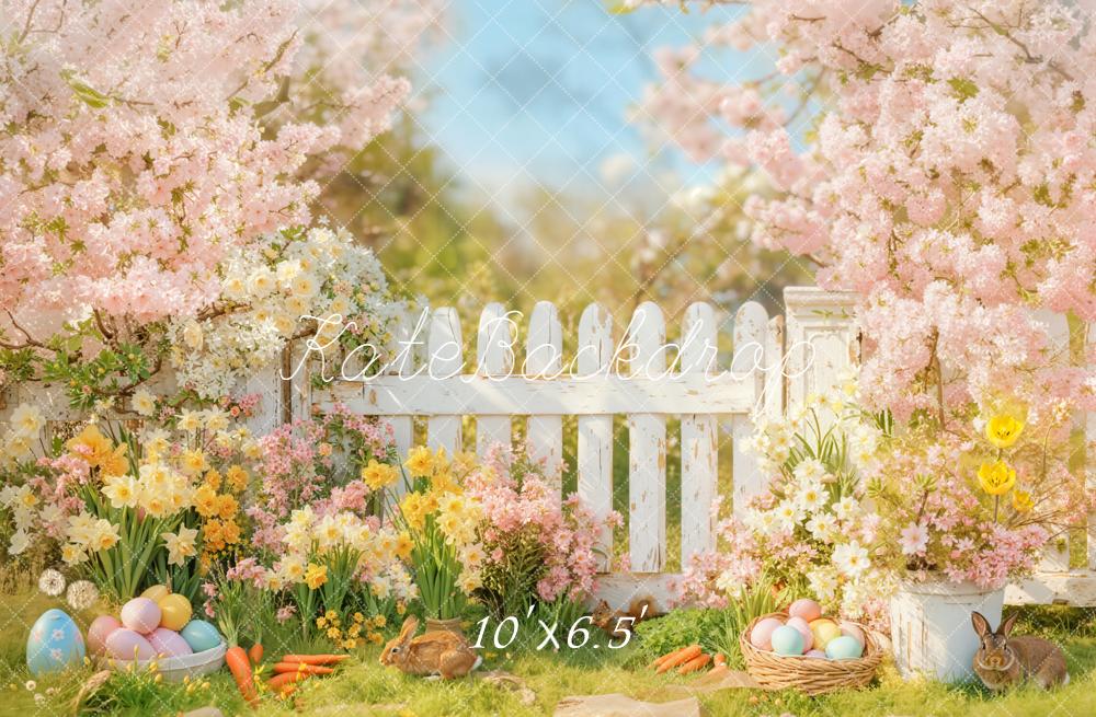 Kate Easter Bunny Flowers White Fence Backdrop Designed by Emetselch