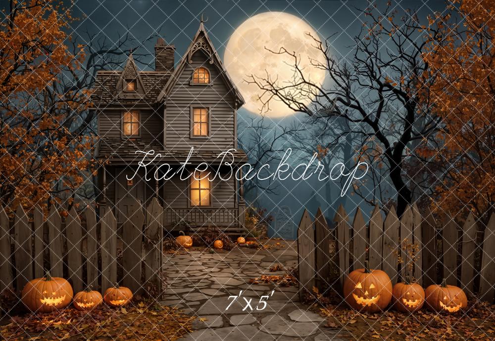 Kate Halloween Haunted House Pumpkins Full Moon Backdrop Designed by Emetselch