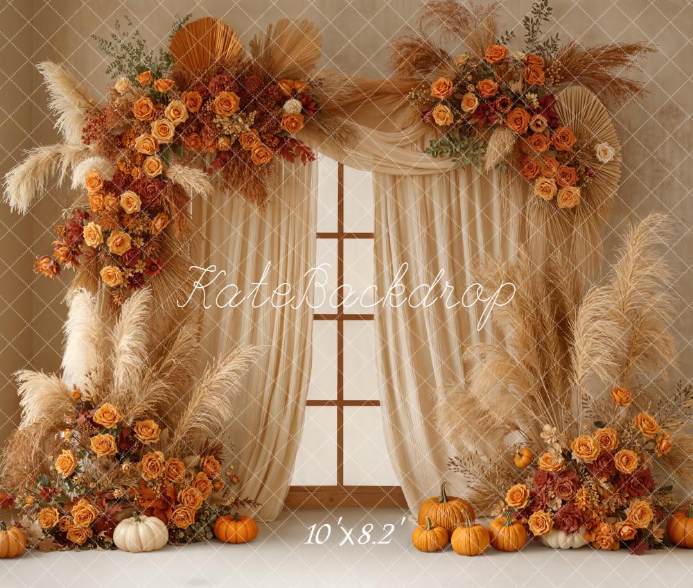 Kate Autumn Flower Arch Pampas Pumpkins Fleece Backdrop Designed by Emetselch