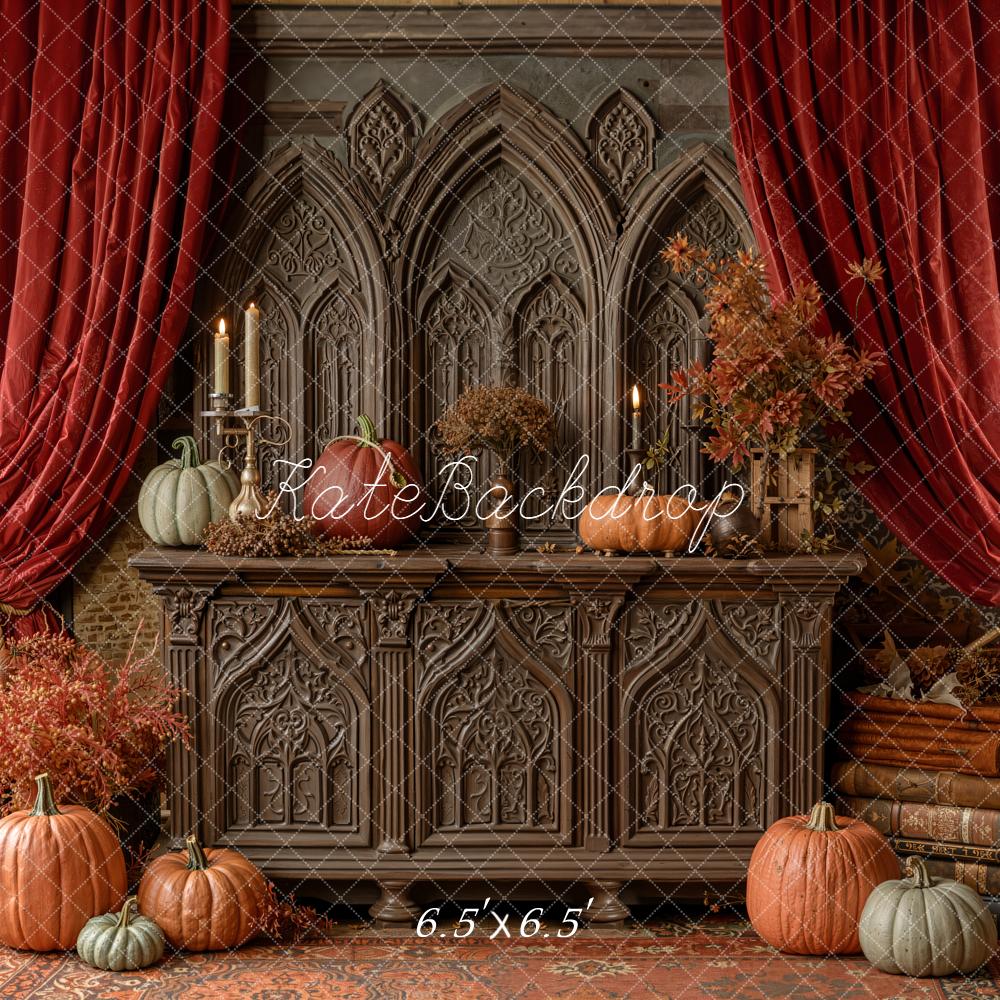 Kate Autumn Gothic Pumpkins Red Curtains Backdrop Designed by Emetselch