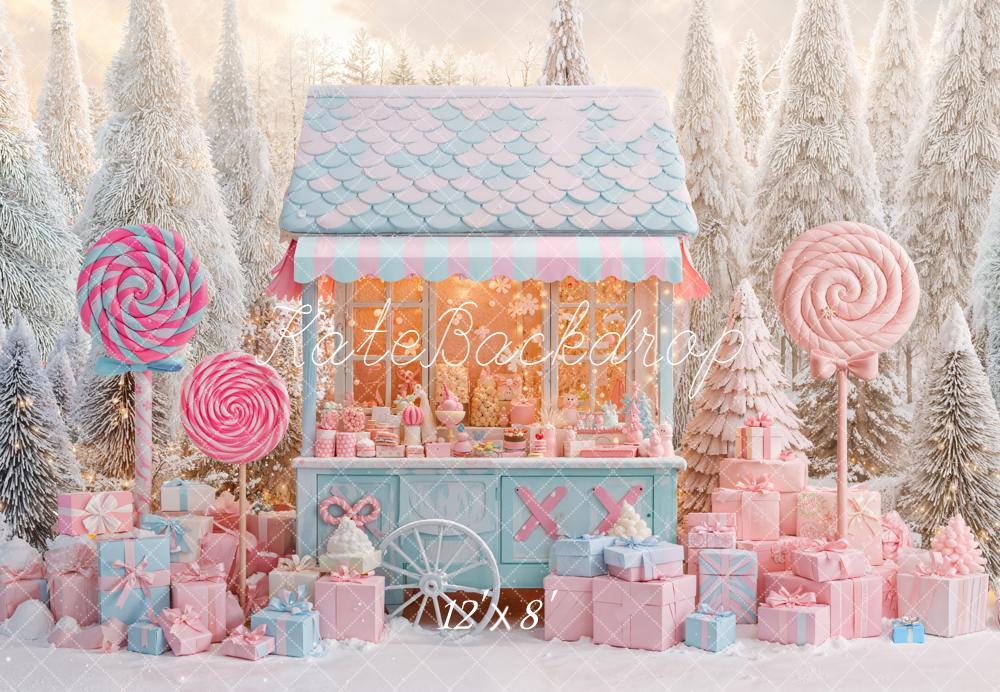 Kate Christmas Candy Cart Presents Forest Fleece Backdrop Designed by Emetselch