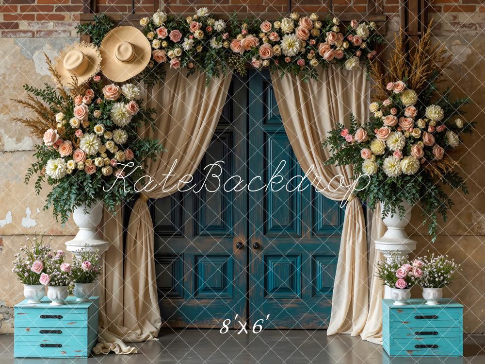 Kate Flower Arch Blue Door Hats Backdrop Designed by Mini MakeBelieve
