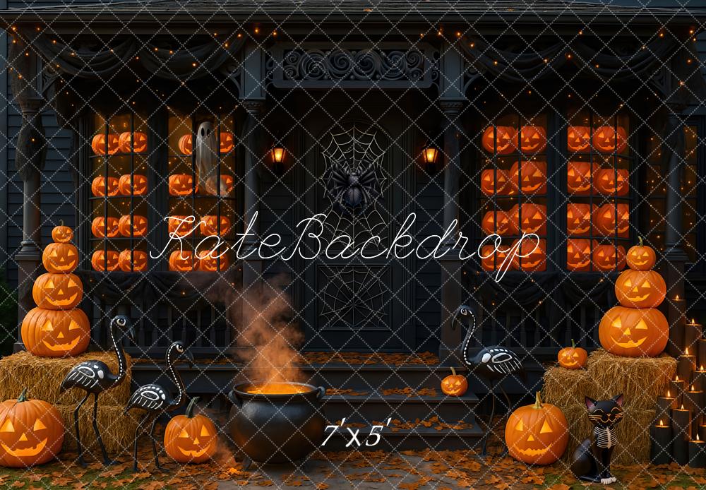 Kate Halloween Pumpkins Cauldron Porch Backdrop Designed by Mini MakeBelieve
