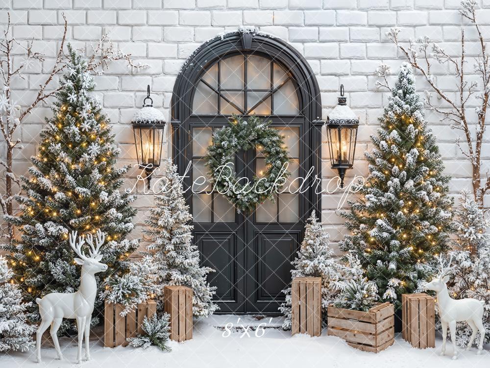 Kate Christmas Snowy Door Reindeer Fleece Backdrop Designed by Emetselch