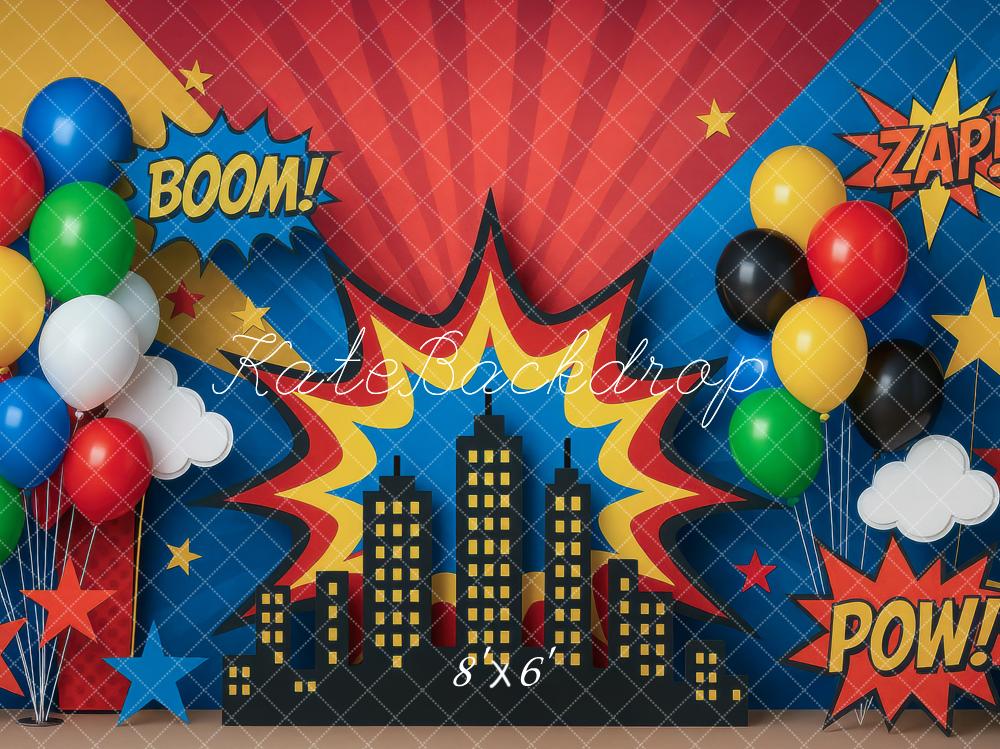 Kate Comic City Skyline Balloons Stars Backdrop Designed by Mini MakeBelieve