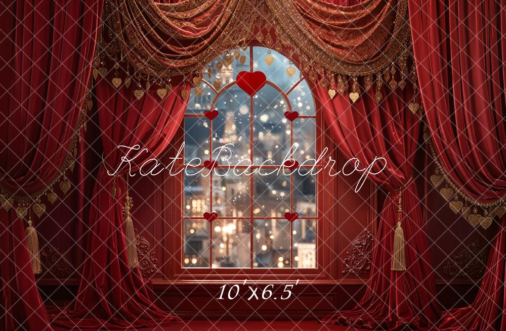 Kate Valentine Heart Window Red Drapes Fleece Backdrop Designed by Emetselch