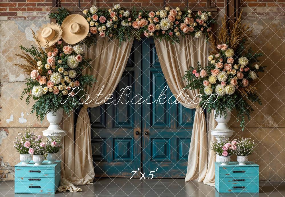 Kate Flower Arch Blue Door Hats Backdrop Designed by Mini MakeBelieve