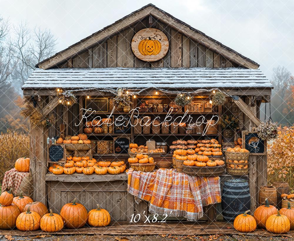 Kate Autumn Pumpkin Wooden Cabin Fleece Backdrop Designed by Emetselch