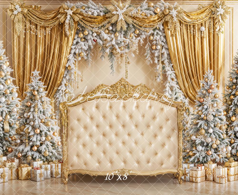 Kate Christmas Gold Curtain Snowy Trees Sofa Fleece Backdrop Designed by Emetselch - Kate Backdrop AU