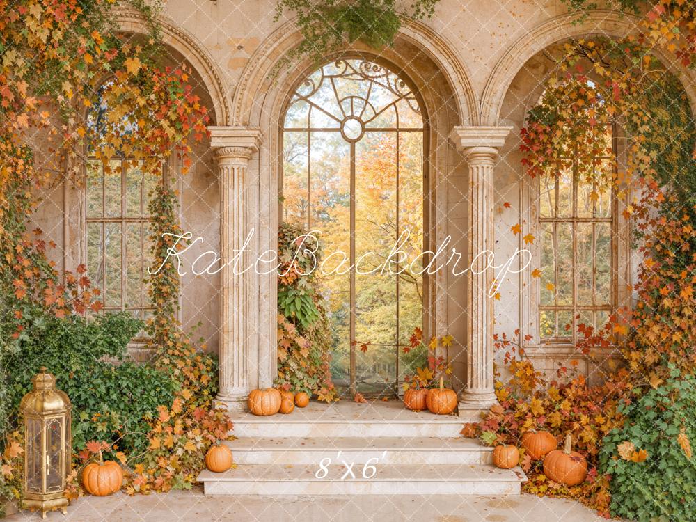 Kate Autumn Pumpkins Ivy Stone Arch Fleece Backdrop Designed by Emetselch