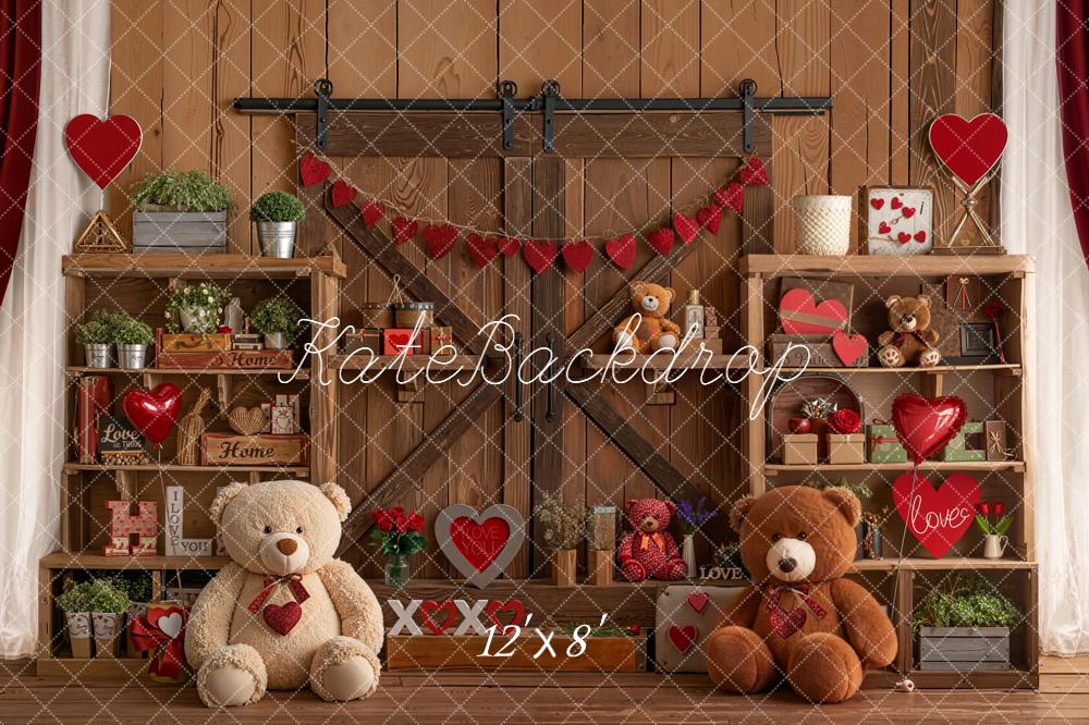 Kate Valentine Teddy Bears Wooden Shelves Hearts Fleece Backdrop Designed by Emetselch