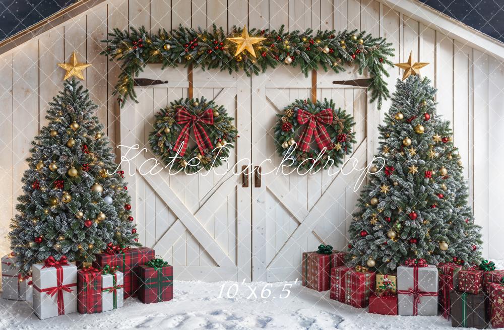 Kate Christmas Barn Door Trees Presents Fleece Backdrop Designed by Chain