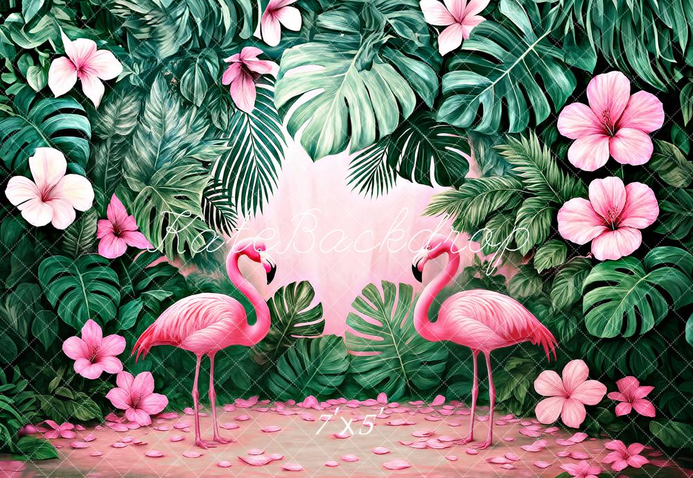 Kate Flamingo Jungle Pink Flowers Green Leaves Backdrop Designed by Ashley Paul - Kate Backdrop AU