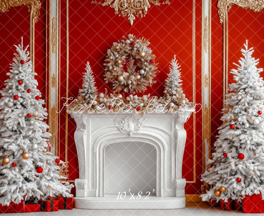 Kate Christmas White Trees Fireplace Backdrop Designed by Patty Roberts - Kate Backdrop AU