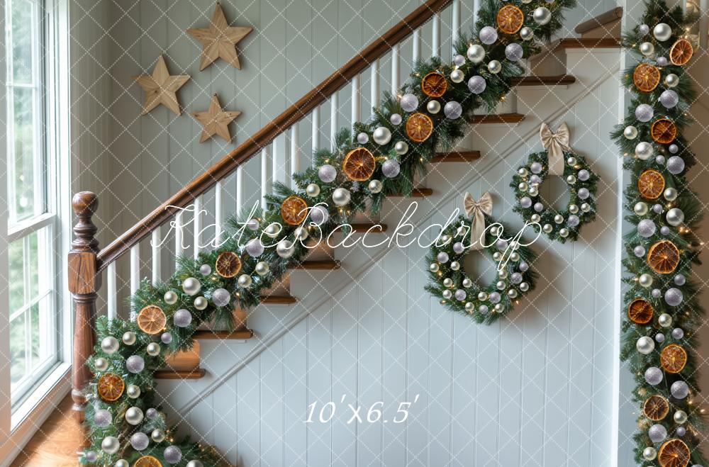 Kate Christmas Staircase Garland Stars Wreaths Backdrop Designed by Mini MakeBelieve - Kate Backdrop AU