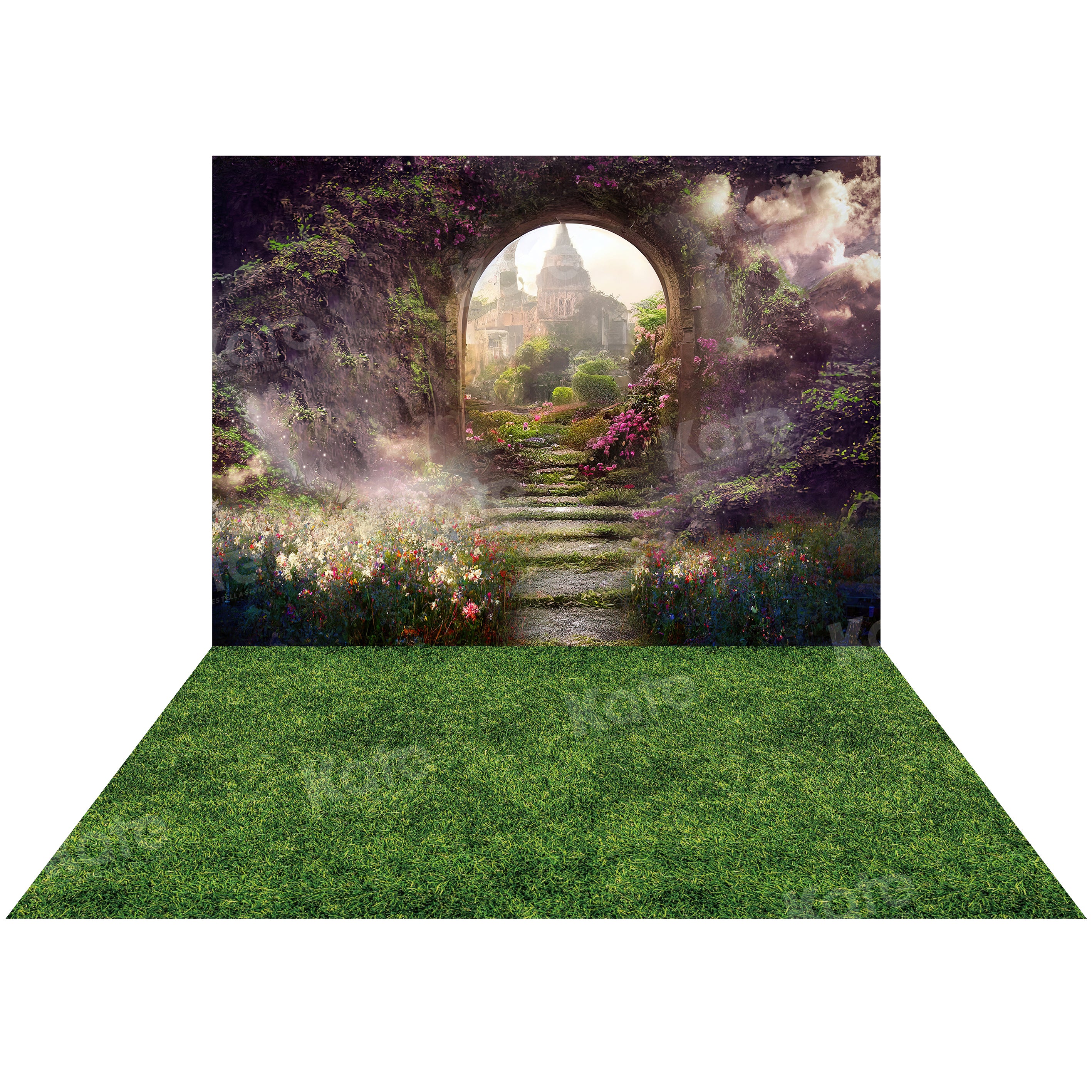 Kate Spring Magic Flower Garden Castle Backdrop+Green Grass Lawn Rubber Floor Mat