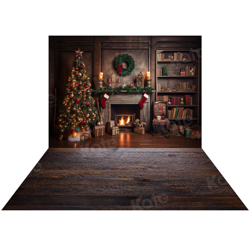 Kate Christmas Tree Fireplace Backdrop+Dark Wood Barn Rubber Floor Mat