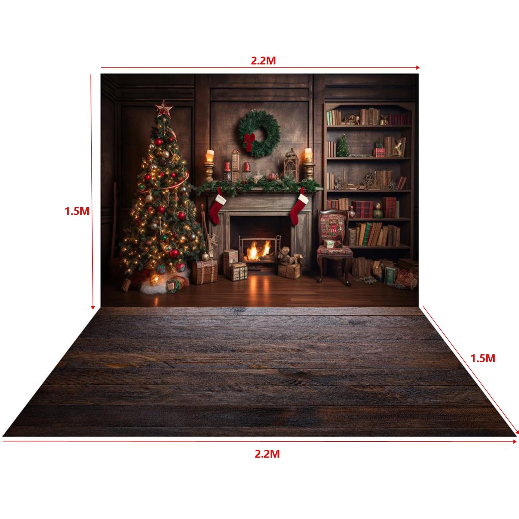 Kate Christmas Tree Fireplace Backdrop+Dark Wood Barn Rubber Floor Mat
