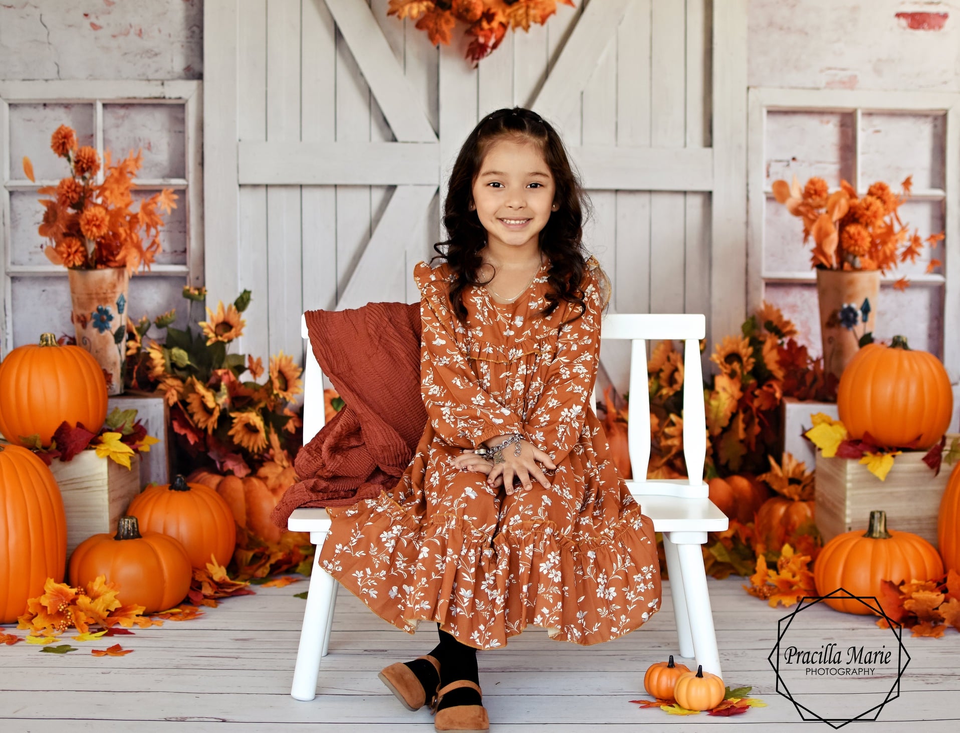 Kate Autumn Pumpkin Backdrop White Barn Door Fallen leaves Designed by Emetselch