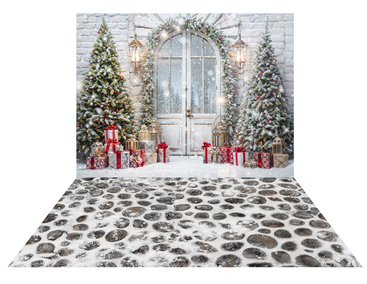 Kate Christmas Snow Tree Door Backdrop+Kate Cobblestone Winter Snow Christmas Floor Backdrop