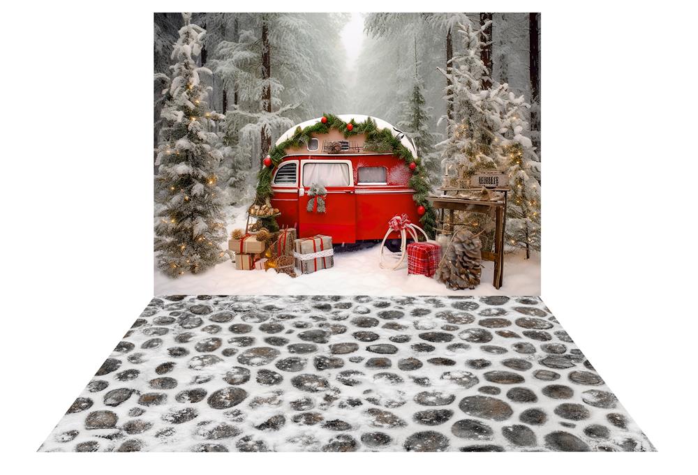 Kate Christmas Forest Snow Backdrop + Cobblestone Snow Floor Backdrop for Photography - Kate Backdrop AU