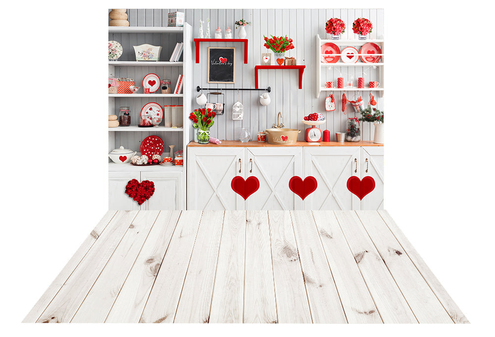 Kate Valentine's Day Kitchen Backdrop + White Wood Grain Rubber Floor Mat
