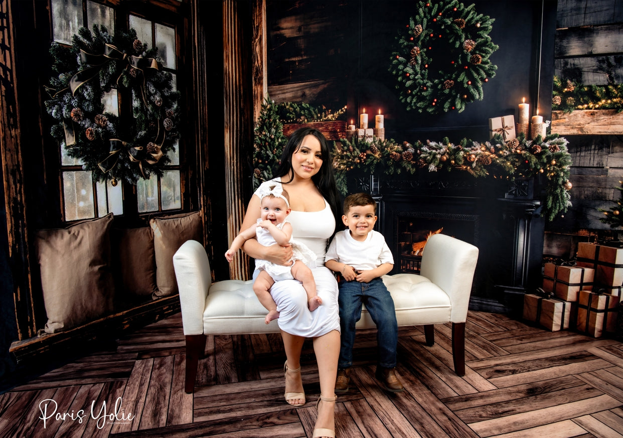 Kate Christmas Wreath Black Fireplace Room Set(8ftx8ft&10ftx8ft&8ftx10ft) - Kate Backdrop AU