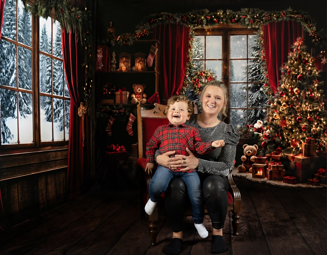 Kate Christmas Tree Red Curtains Wooden House Room Set(8ftx8ft&10ftx8ft&8ftx10ft) - Kate Backdrop AU