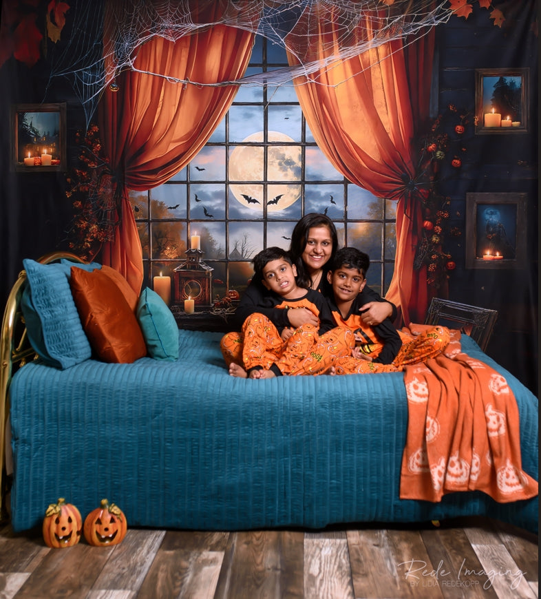 Kate Halloween Backdrop Night Bat Orange Window Curtain Designed by Emetselch