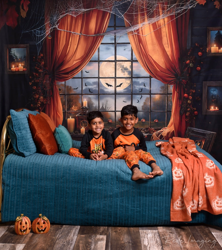 Kate Halloween Backdrop Night Bat Orange Window Curtain Designed by Emetselch