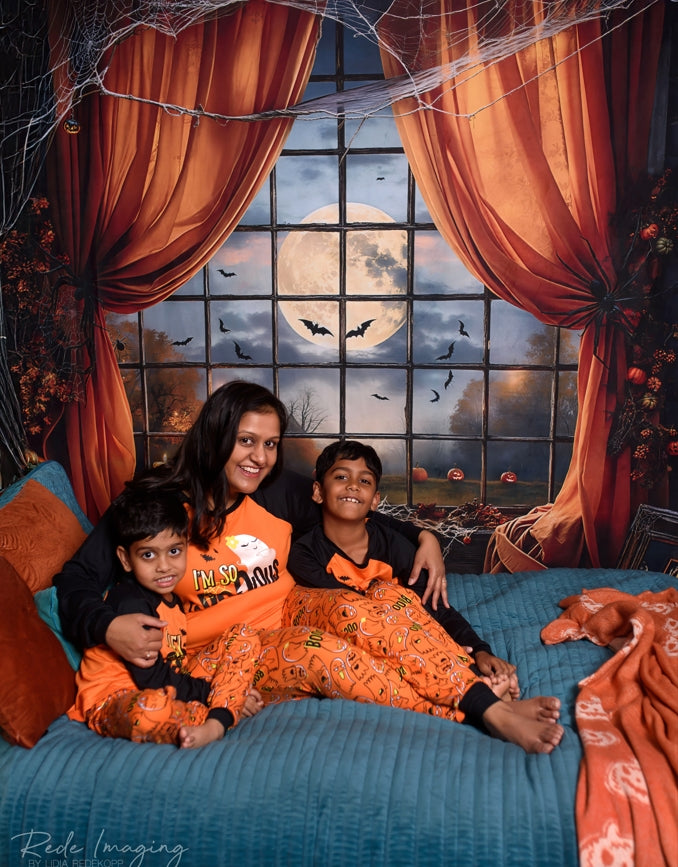 Kate Halloween Backdrop Night Bat Orange Window Curtain Designed by Emetselch