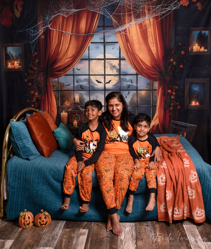 Kate Halloween Backdrop Night Bat Orange Window Curtain Designed by Emetselch
