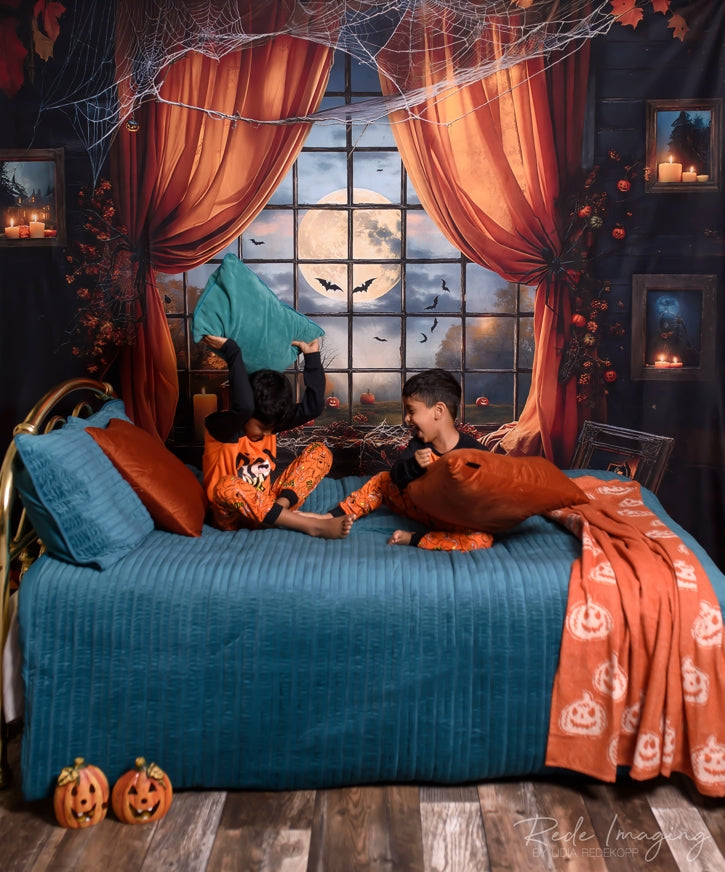 Kate Halloween Backdrop Night Bat Orange Window Curtain Designed by Emetselch