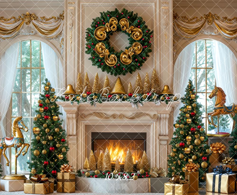 Kate Christmas Fireplace Wreath Carousel Trees Backdrop Designed by Mini MakeBelieve