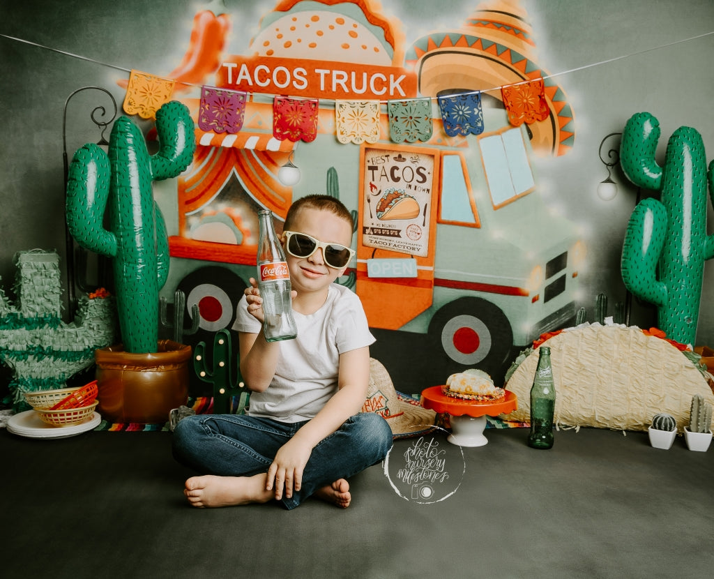 Kate Tacos Truck Chef Backdrop+Green Blur Rubber Floor Mat - Kate Backdrop AU