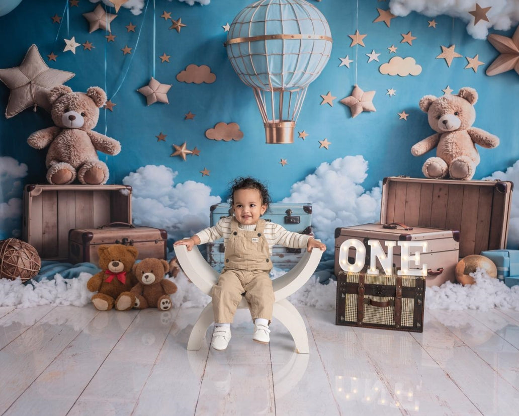 Kate Cartoon Hot Air Balloon Teddy Bear Backdrop+White Wood Grain Backdrop - Kate Backdrop AU