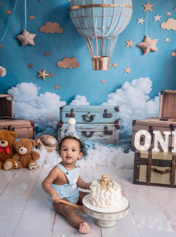 Kate Cartoon Hot Air Balloon Teddy Bear Backdrop+White Wood Grain Backdrop - Kate Backdrop AU