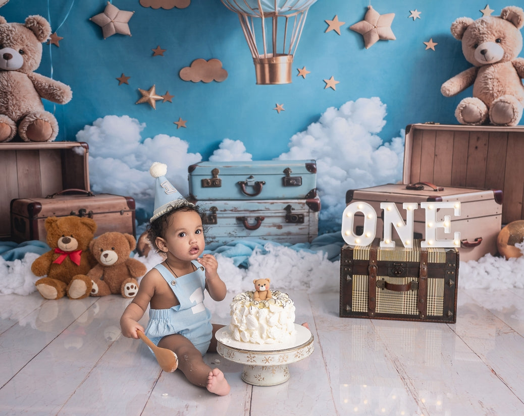 Kate Cartoon Hot Air Balloon Teddy Bear Backdrop+White Wood Grain Backdrop - Kate Backdrop AU