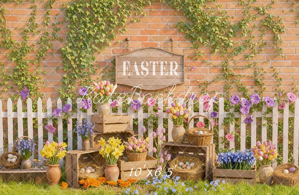 Kate Easter Flowers Eggs Brick Wall Backdrop Designed by Emetselch