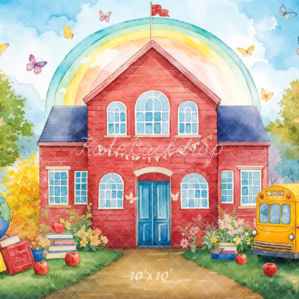 Kate Red Schoolhouse Rainbow Bus Backdrop Designed by Emetselch - Kate Backdrop AU