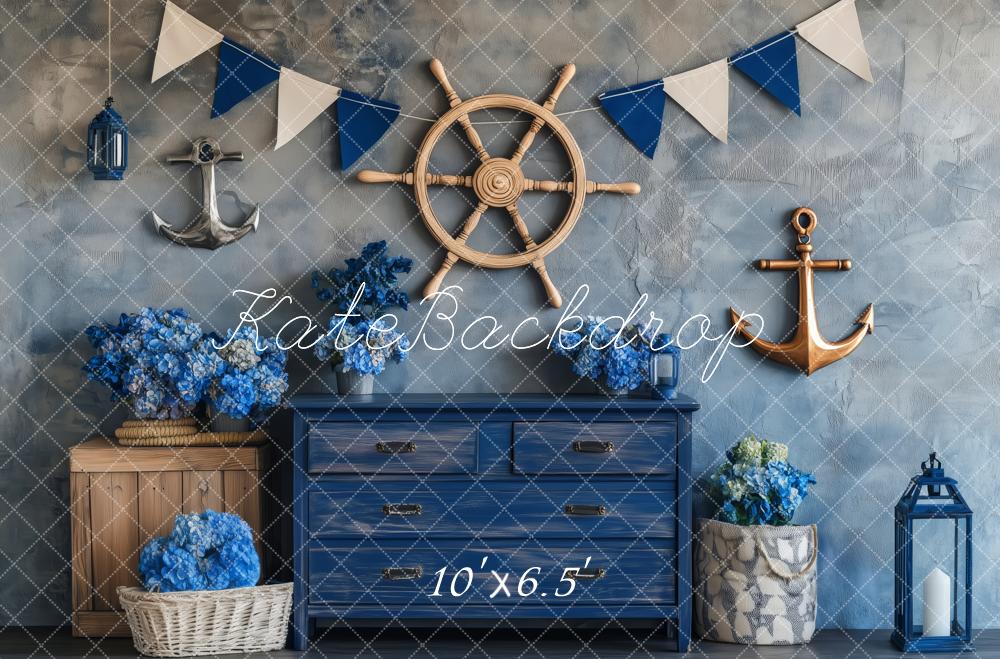 Kate Nautical Ship Wheel Anchors Blue Decor Backdrop Designed by Patty Roberts