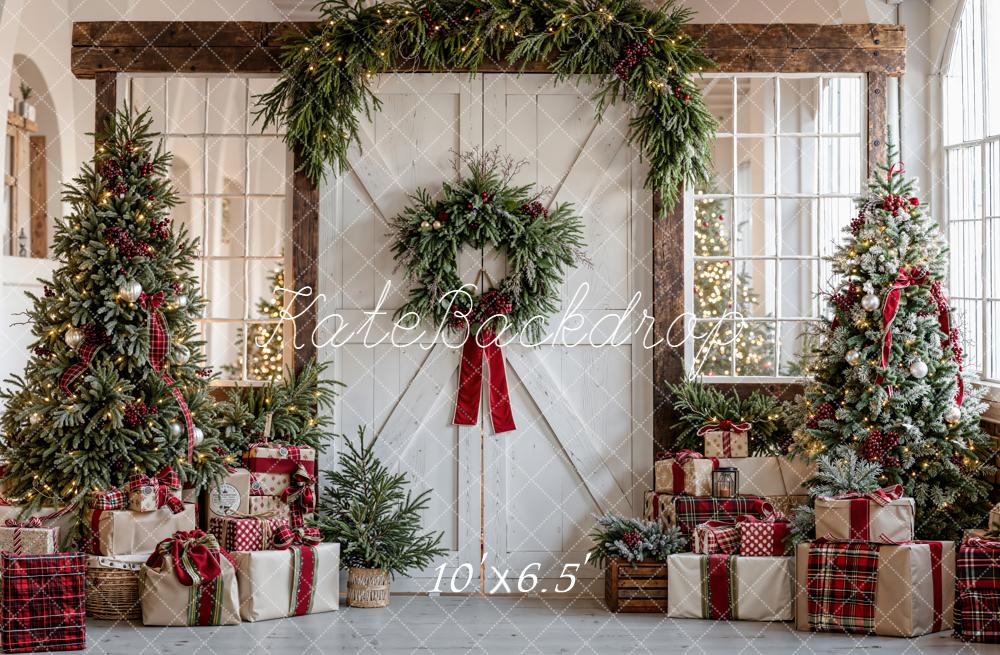 Kate Christmas Trees Presents Barn Door Fleece Backdrop Designed by Chain