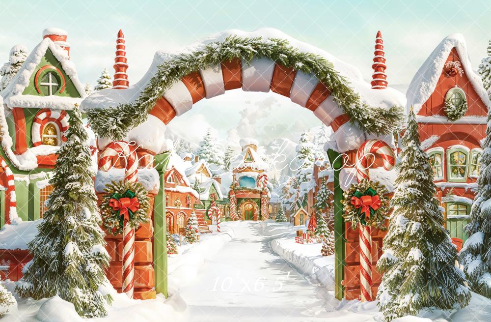 Kate Christmas Candy Cane Arch Snowy Village Backdrop Designed by Chain